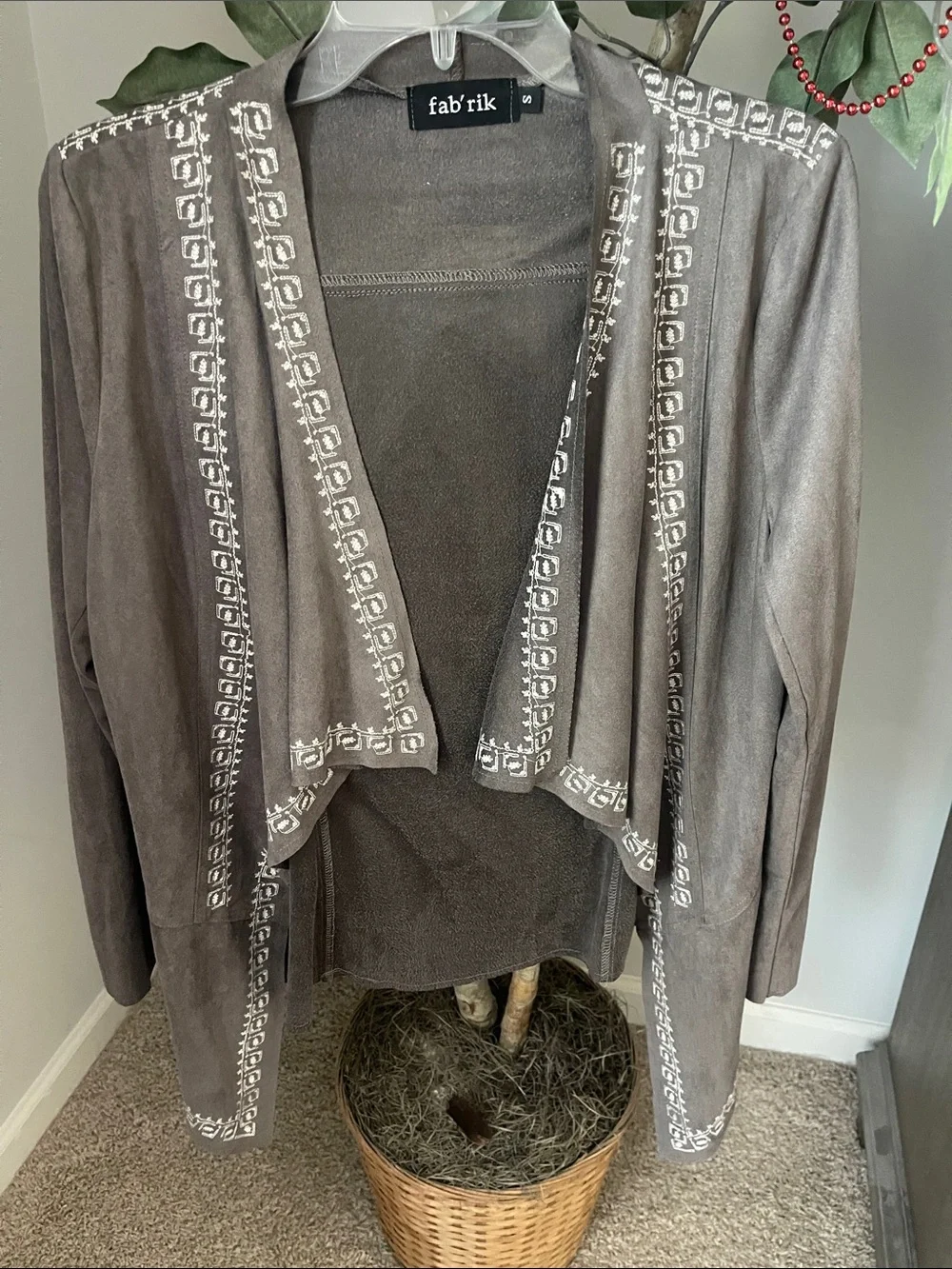 fab'rik Taupe Suede-Style Embroidered Open Front Jacket